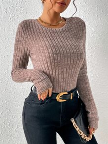 SHEIN Essnce 素色條紋針織T恤 - 藕粉色 - 查看 4