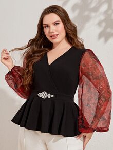 Modelyn Plus Contrast Floral Lantern Sleeve Peplum Top - Multicolor - View 2