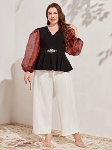 Modelyn Plus Contrast Floral Lantern Sleeve Peplum Top - Multicolor - View 5