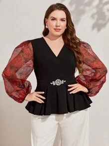 Modelyn Plus Contrast Floral Lantern Sleeve Peplum Top - Multicolor - View 1