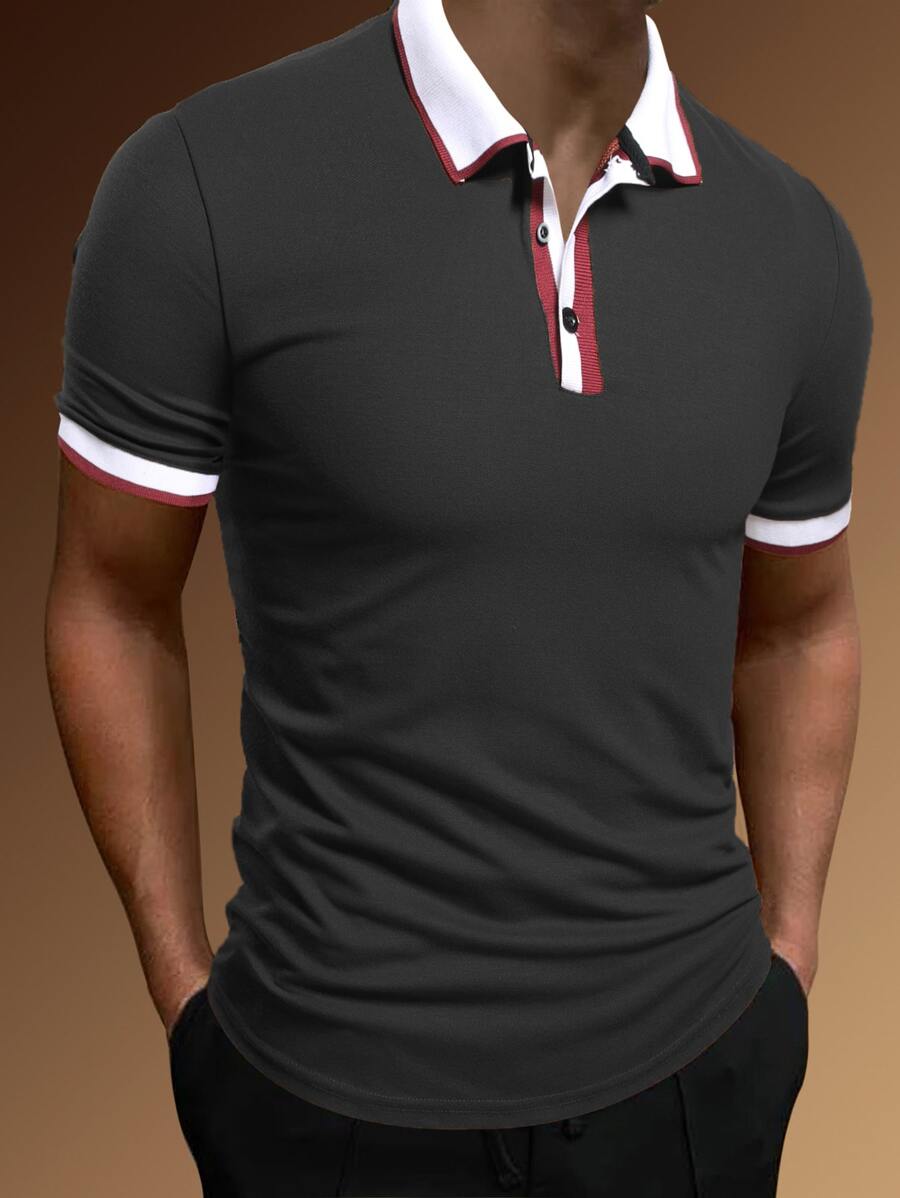 Manfinity 男士拼接邊POLO衫 - 深灰色 - 查看 1