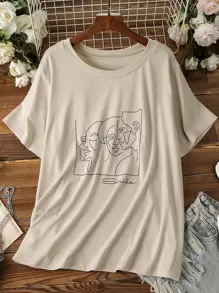 SHEIN LUNE Plus Figure Graphic Tee - Khaki - View 1