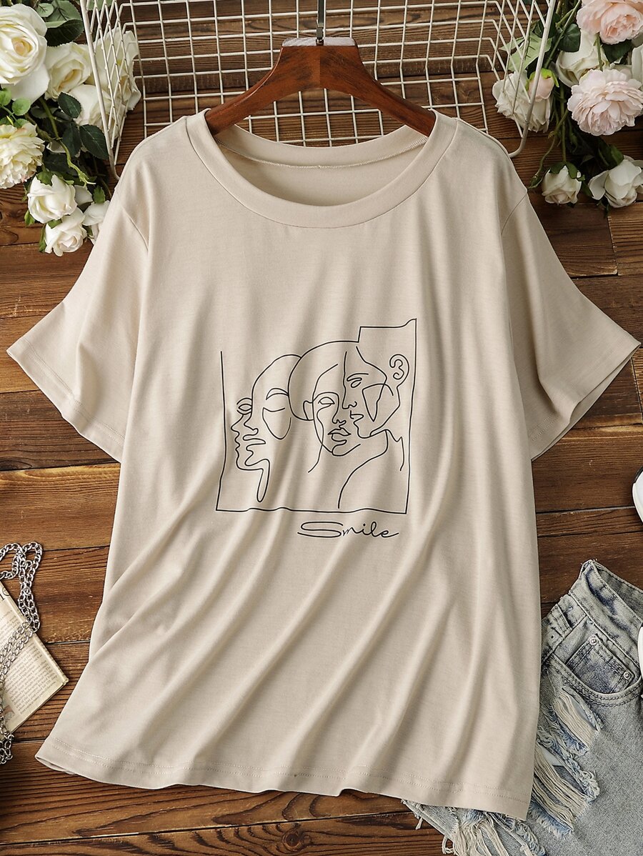 SHEIN LUNE Plus Figure Graphic Tee - Khaki - View 1