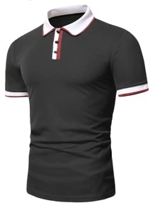 Manfinity 男士拼接邊POLO衫 - 深灰色 - 查看 4