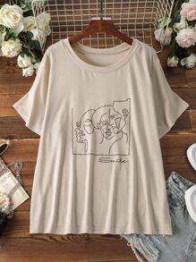 SHEIN LUNE Plus Figure Graphic Tee - Khaki - View 3