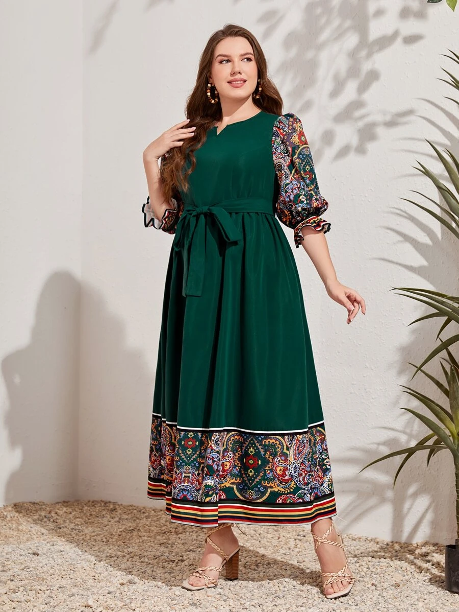 Mulvari Plus Floral Print Notched Neck Belted Dress - Dark Green - View 1