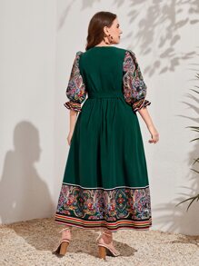 Mulvari Plus Floral Print Notched Neck Belted Dress - Dark Green - View 4