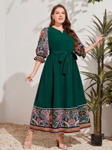 Mulvari Plus Floral Print Notched Neck Belted Dress - Dark Green - View 2