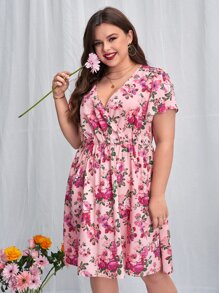 SHEIN VCAY Plus Floral Print Plunge Neck Dress - Multicolor - View 3