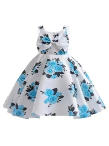 Trẻ Cô gái Lụa Đầm Với Hoa & Bowknot Và , Thanh lịch Đầm Thích hợp Đối với Các hoạt động ngoài trời - Màu xanh lam - Xem 1