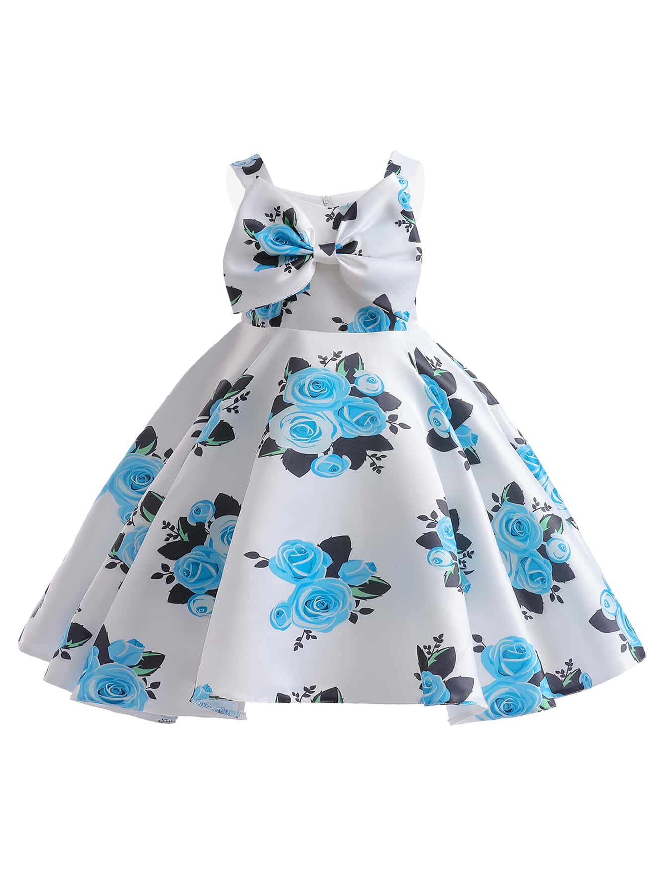 Trẻ Cô gái Lụa Đầm Với Hoa & Bowknot Và , Thanh lịch Đầm Thích hợp Đối với Các hoạt động ngoài trời - Màu xanh lam - Xem 1