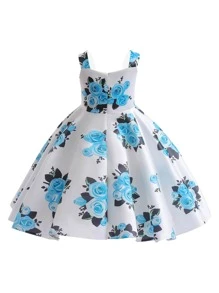 Trẻ Cô gái Lụa Đầm Với Hoa & Bowknot Và , Thanh lịch Đầm Thích hợp Đối với Các hoạt động ngoài trời - Màu xanh lam - Xem 2