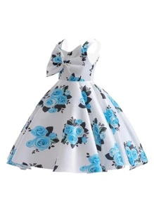 Trẻ Cô gái Lụa Đầm Với Hoa & Bowknot Và , Thanh lịch Đầm Thích hợp Đối với Các hoạt động ngoài trời - Màu xanh lam - Xem 3