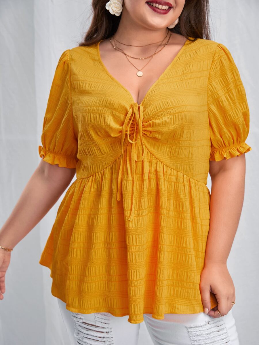 SHEIN VCAY Plus Solid Tie Front Peplum Blouse - Mustard Yellow - View 1