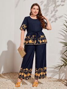 Mulvari Bộ thời trang Plus Size Thắt lưng Hoa Boho - Màu xanh hải quân - Xem 1