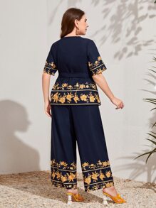 Mulvari Bộ thời trang Plus Size Thắt lưng Hoa Boho - Màu xanh hải quân - Xem 3