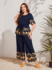 Mulvari Bộ thời trang Plus Size Thắt lưng Hoa Boho - Màu xanh hải quân - Xem 2