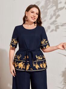 Mulvari Bộ thời trang Plus Size Thắt lưng Hoa Boho - Màu xanh hải quân - Xem 4