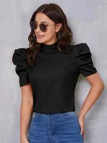 SHEIN Privé Puff Sleeve Keyhole Back Top - Black - View 2