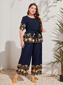 Mulvari Bộ thời trang Plus Size Thắt lưng Hoa Boho - Màu xanh hải quân - Xem 5