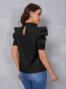 SHEIN Privé Puff Sleeve Keyhole Back Top - Black - View 3