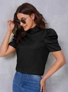 SHEIN Privé Puff Sleeve Keyhole Back Top - Black - View 4