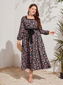 Mulvari Vestido con cinturón con estampado floral de cuello cuadrado - Multicolor - Ver 2