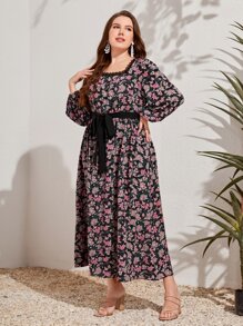 Mulvari Vestido con cinturón con estampado floral de cuello cuadrado - Multicolor - Ver 4