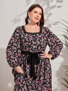 Mulvari Vestido con cinturón con estampado floral de cuello cuadrado - Multicolor - Ver 5