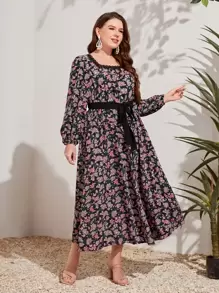 Mulvari Vestido con cinturón con estampado floral de cuello cuadrado - Multicolor - Ver 1