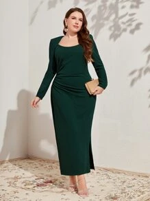 Modelyn Đầm Plus Size Xù Chia màu trơn Thanh lịch - Màu xanh lá cây đậm - Xem 3