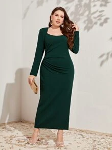 Modelyn Đầm Plus Size Xù Chia màu trơn Thanh lịch - Màu xanh lá cây đậm - Xem 4