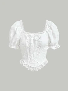 SHEIN MOD Lace Up Front Puff Sleeve Blouse - White - View 1