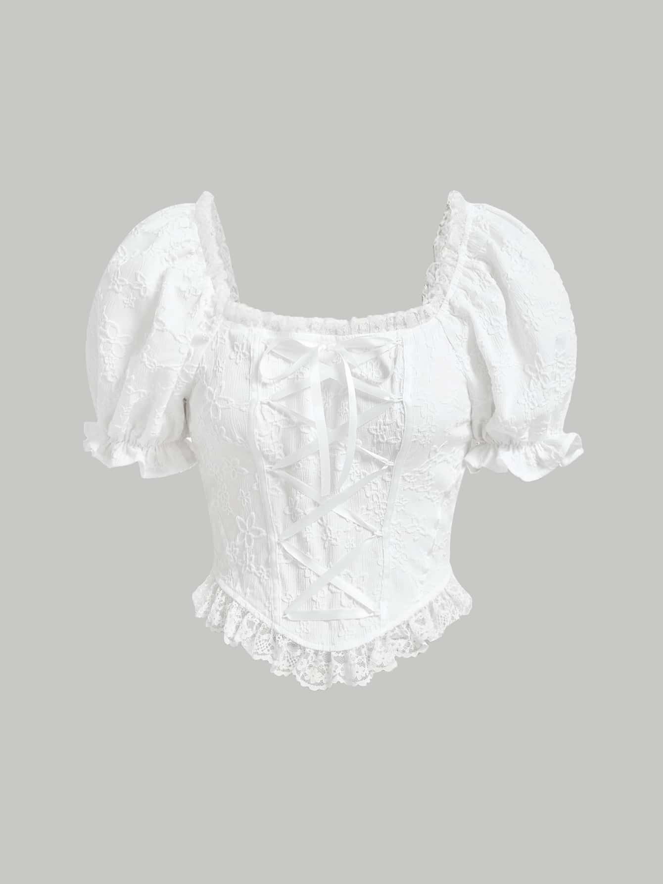 SHEIN MOD Áo sơ mi nữ Tương phản ren Ren lên Tranh thêu màu trơn Retro - trắng - Xem 1