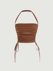 SHEIN MOD Solid Drawstring Halter Top - Rust Brown - View 2