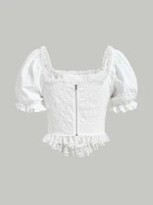 SHEIN MOD Lace Up Front Puff Sleeve Blouse - White - View 2