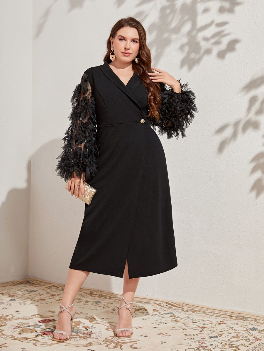 Modelyn Plus Shawl Collar Bishop Sleeve Dress - Black - View 1