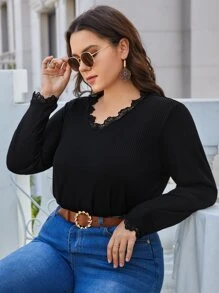 SHEIN Frenchy Plus Guipure Lace Trim Rib-knit Tee - Black - View 1