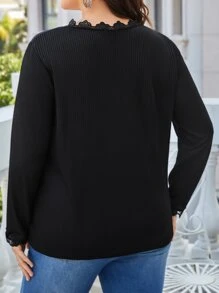 SHEIN Frenchy Plus Guipure Lace Trim Rib-knit Tee - Black - View 2