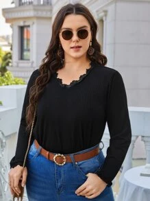 SHEIN Frenchy Plus Guipure Lace Trim Rib-knit Tee - Black - View 3
