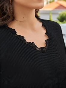SHEIN Frenchy Plus Guipure Lace Trim Rib-knit Tee - Black - View 5