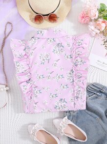 Chicas Camisa con estampado floral ribete con fruncido con lazo delantero - Rosa - Ver 2