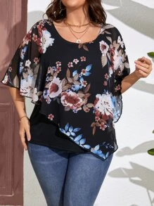 SHEIN LUNE Plus Floral Print Batwing Sleeve Tee - Black - View 1