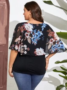 SHEIN LUNE Plus Floral Print Batwing Sleeve Tee - Black - View 2