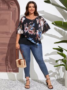 SHEIN LUNE Plus Floral Print Batwing Sleeve Tee - Black - View 3