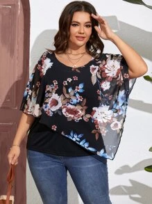 SHEIN LUNE Plus Floral Print Batwing Sleeve Tee - Black - View 4