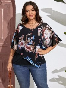 SHEIN LUNE Plus Floral Print Batwing Sleeve Tee - Black - View 5