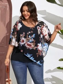 SHEIN LUNE Plus Floral Print Batwing Sleeve Tee - Black - View 6