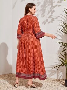 Mulvari Plus Contrast Trim Polka Dot Belted Dress - Multicolor - View 3