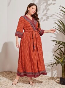 Mulvari Plus Contrast Trim Polka Dot Belted Dress - Multicolor - View 1